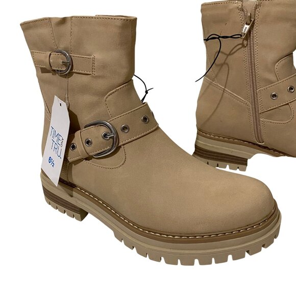 Time and Tru Moto Ankle Boots Womens 6.5 Beige Buckles Grunge Chunky Stompers - Picture 4 of 10